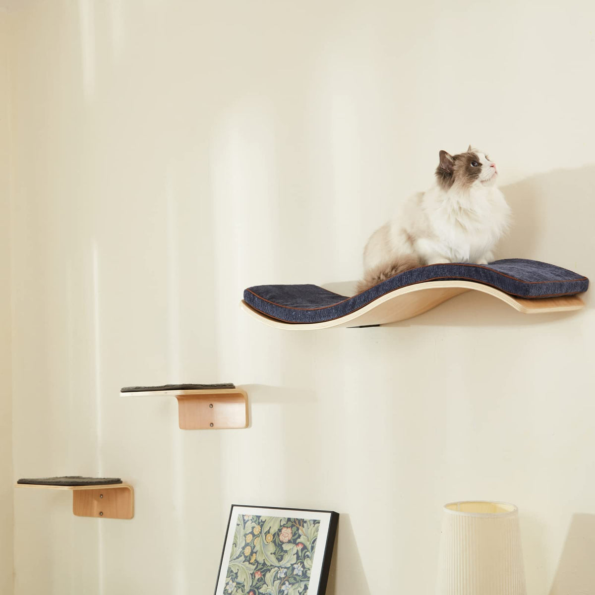 LIORCE Wave Cat Shelves with 2 Cat Wall Steps -  Modern Cat Wall Furniture, Cream