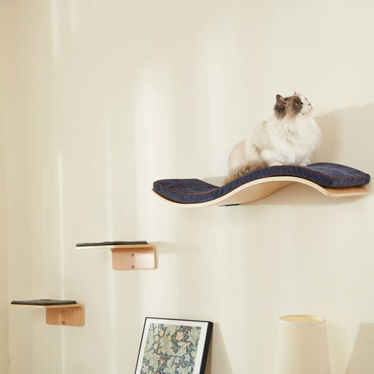 LIORCE Wave Cat Shelves with 2 Cat Wall Steps -  Modern Cat Wall Furniture, Cream 1600