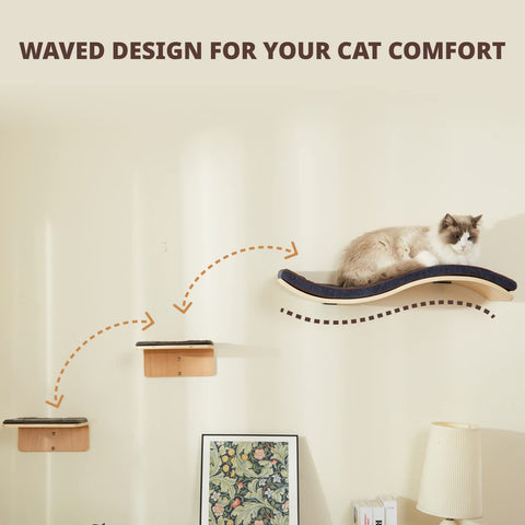 LIORCE Wave Cat Shelves with 2 Cat Wall Steps -  Modern Cat Wall Furniture, Cream