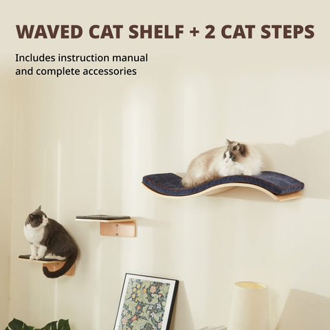 LIORCE Wave Cat Shelves with 2 Cat Wall Steps -  Modern Cat Wall Furniture, Cream