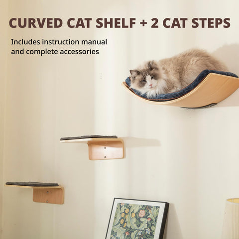 LIORCE Cat Wall Shelves with 2 Cat Wall Steps -  Modern Cat Wall Furniture, Cream